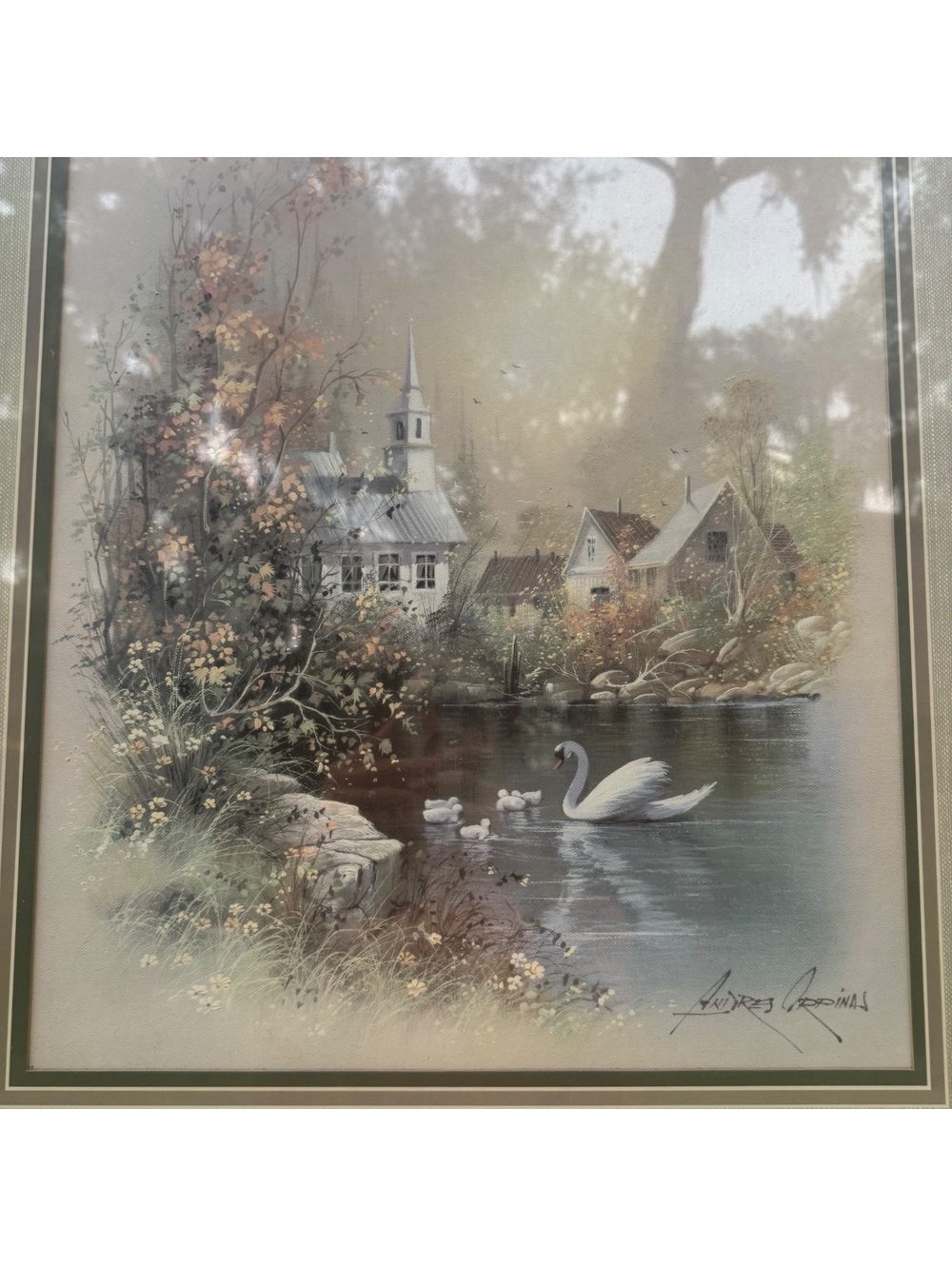 Vintage Andres Orpinas Framed Village Swan Landscape Print 25x29 Wall Art - Picture 4 of 9